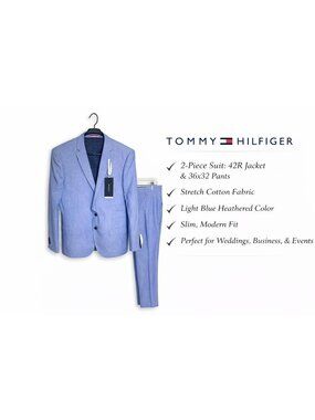 Tommy Hilfiger Blue Suit 42R Jacket 36x32 Pants Stretch Cotton Slim Modern